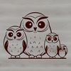 A whimsical illustration of a brown owl with big round eyes perched on a branch.