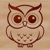 A simple illustration of an owl's face with big round eyes and soft feathers.