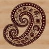 A stylized ornate pattern featuring a paisley shape with intricate design elements.