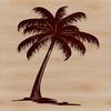 A single palm tree with tall trunk and feathery leaves standing alone in a sandy beach background.