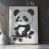 Cute Panda on Skateboard SVG Illustration A black-and-white illustration of a cute panda sitting on a skateboard.