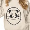 A black and white illustration of a panda bear in a natural setting.