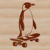 Penguin on a Board A penguin standing on one foot with a skateboard in the other hand.