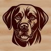 A portrait illustration of a friendly Labrador Retriever's head with detailed facial features.