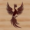 A stylized, mythical creature with spread wings and flames rising from its body.