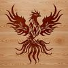 A mythical creature with bird-like features, rising from ashes in a stylized illustration.