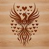 A mythical creature with love hearts rising from the ashes in a vector design.