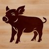 A cartoon pig standing on its hind legs in a farm setting.