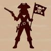 A stylized illustration of a swashbuckling pirate character in bold outline.