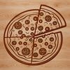 A stylized illustration of a classic margherita pizza with melted cheese and fresh basil leaves.