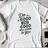 A vector graphic illustration featuring an inspirational quote about karma with clean and minimalist design.