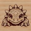 A baby ankylosaurus peeking out from behind its mother in a prehistoric landscape.