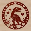 A colorful illustration of a dinosaur with love hearts surrounding it.