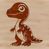 A realistic illustration of a baby Tyrannosaurus Rex in prehistoric landscape.