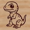A colorful illustration of a small, prehistoric dinosaur in a playful pose.