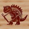 A cartoon dinosaur character sitting on the ground with a book in its hands.