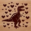 Illustrated prehistoric T-Rex with heart symbols surrounding its body, suitable for vector art projects.