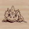 A baby Triceratops dinosaur head peeking out from behind a leafy plant.