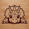Ancient Creature Hides Behind a Leaf A prehistoric triceratops with its head peeking out from behind a plant.