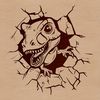A cartoon illustration of a baby Tyrannosaurus Rex dinosaur standing in front of a demolished wall.