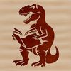 A prehistoric Tyrannosaurus Rex dinosaur sitting with a book on its lap.