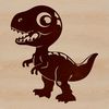 A cartoon illustration of a young Tyrannosaurus Rex standing in a prehistoric environment.