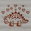 A prehistoric dinosaur illustration with love hearts and colorful decorations.