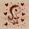 A colorful illustration of a baby dinosaur with love hearts surrounding it.