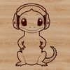 A green reptile lizard sitting on a rock with headphones on its head.