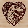 A prehistoric dinosaur illustration featuring a stylized Tyrannosaurus Rex head with ornate details.