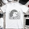 Quillite Delight - Whimsical Hedgehog Vector Art A small, spiny hedgehog standing in front of a floral background, made from vector lines.