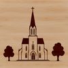 A simple illustration of a Protestant church building with a steeple.