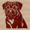 A close-up illustration of a pug's head, featuring its distinctive wrinkles and facial expression.