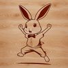 A rabbit standing on its hind legs with a subtle Easter-themed background.
