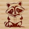 A cartoon raccoon character sitting with a book, highlighting the importance of literacy and learning.
