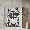 A digital illustration of a raccoon sitting on a tree stump, surrounded by books and reading glasses.