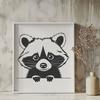 A raccoon peeking out from behind a tree, depicted as a simple vector illustration.