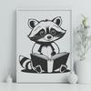 Whimsical Wildlife Reader A cartoon raccoon character reading a book with a curious expression.