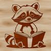 A cartoon racoon character sitting on a pile of books, wearing glasses and holding a bookmark.