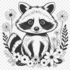 Wildlife Illustration with Floral Elements A stylized illustration of a raccoon surrounded by floral elements.