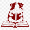 An illustration of a guinea pig sitting on a cushion with a book, suggesting a pet that loves to read.