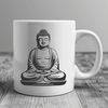 A stylized illustration of the Buddha in a seated meditation pose.