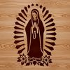 A regal illustration of the Virgin Mary surrounded by ornate floral patterns.