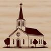 A detailed illustration of a traditional Baptist church building with a steeple and entrance.