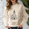 A detailed illustration of a traditional Catholic church exterior with Gothic architectural elements.