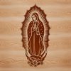 Ornate illustration of Our Lady of Guadalupe-inspired Virgin Mary surrounded by floral motifs.