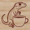 A small, green lizard standing on its hind legs, holding a cup of coffee in its front paws.