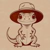 A colorful reptile, lizard, wearing a hat in a digital illustration.
