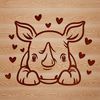 An illustration of a rhino with love hearts in various colors peeking out from behind its body.