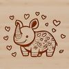 A rhino in the savannah surrounded by love hearts, an African safari animal.